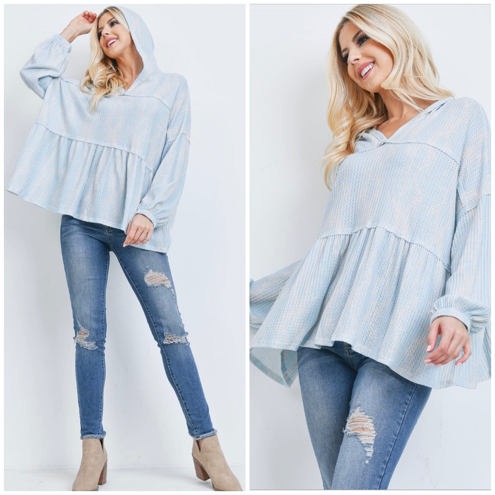 PEACH LOVE CALIFORNIA Baby Blue Tie-Dye Hoodie Top - Picture 1 of 7